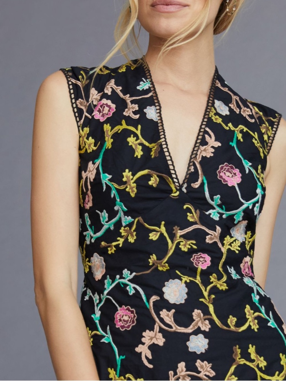 Anthropologie Black Mini Dress with Multicolor Floral Embroidery